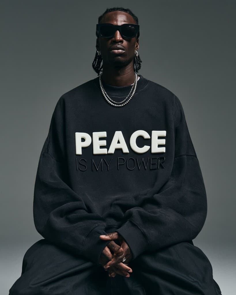 Model in sunglasses wearing an oversized black sweatshirt