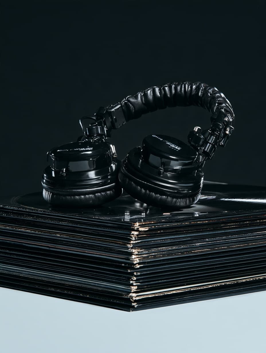 Black over-ear headphones on a stack of vinyl records