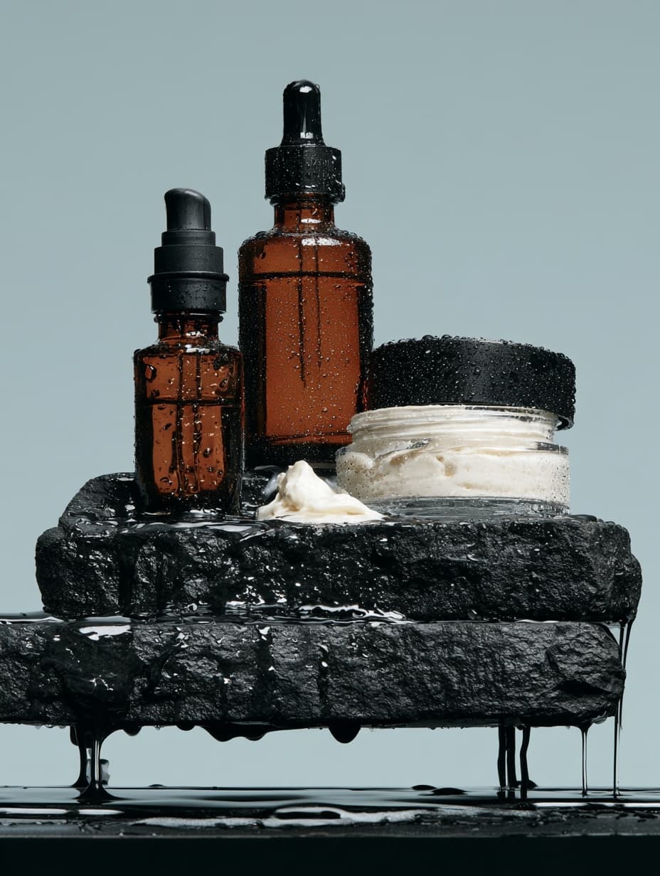 Glass serum bottles on black stone