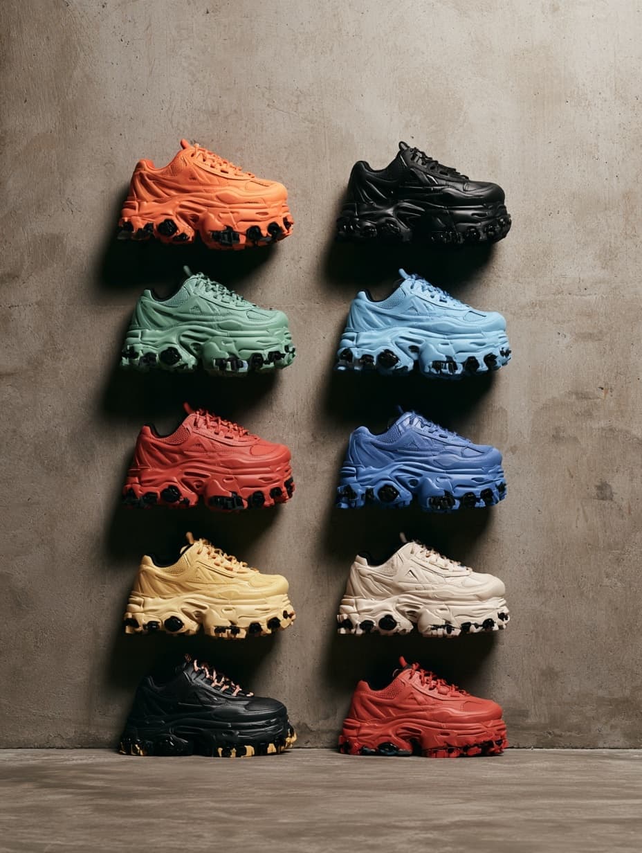 Chunky sneakers in eight colourways mounted on a concrete wall