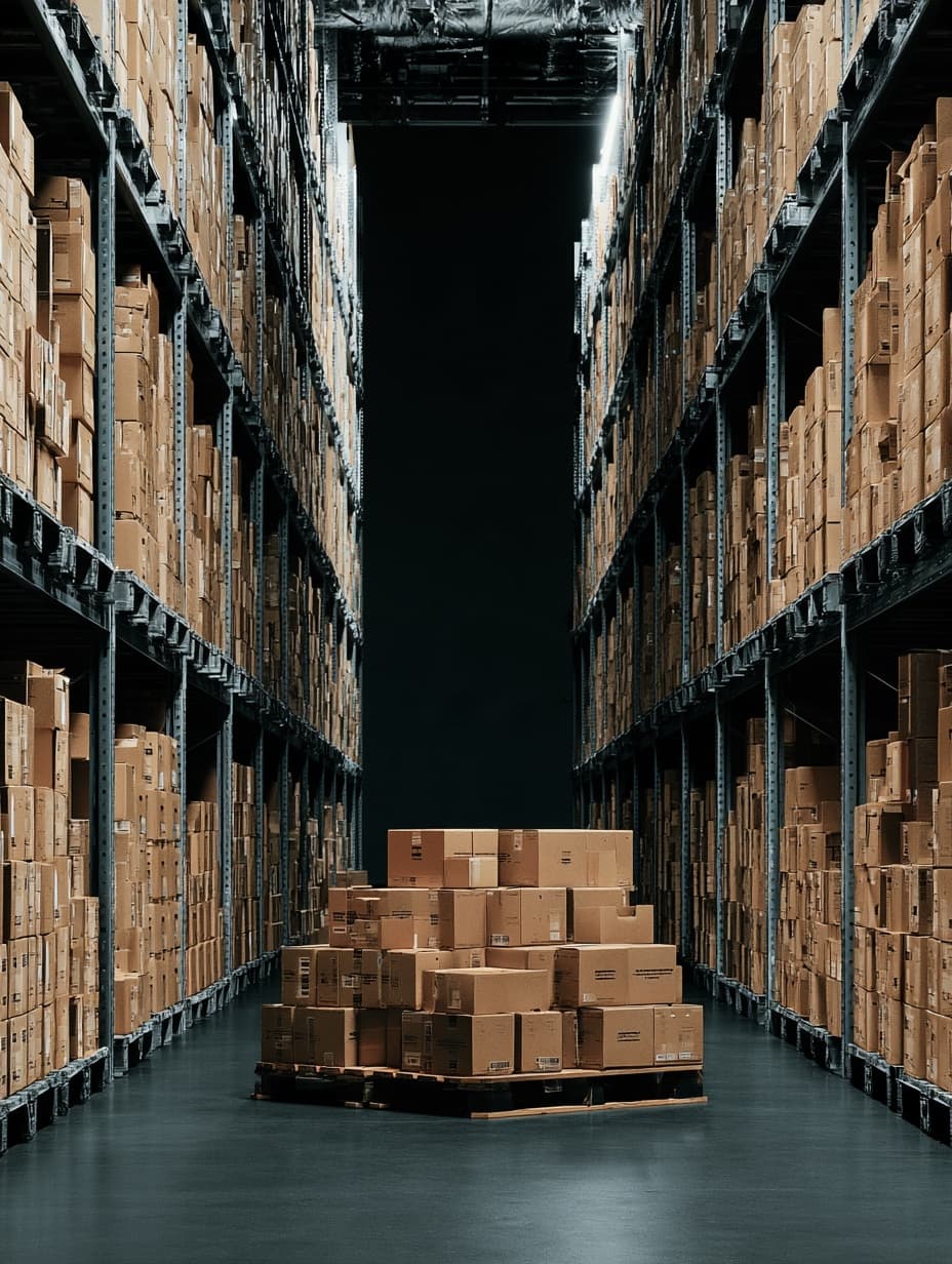 Pallet of cardboard boxes between tall warehouse shelves